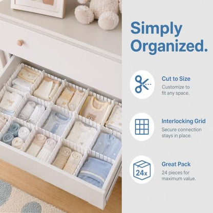 24 Pack Drawer Organizer Dividers, Adjustable DIY Storage Separator for Tidying Clutter Cutlery Underwear Socks Clothes Dresses Desk & Box in Kitchen Bathroom Bedroom Office (Cut at Will)
