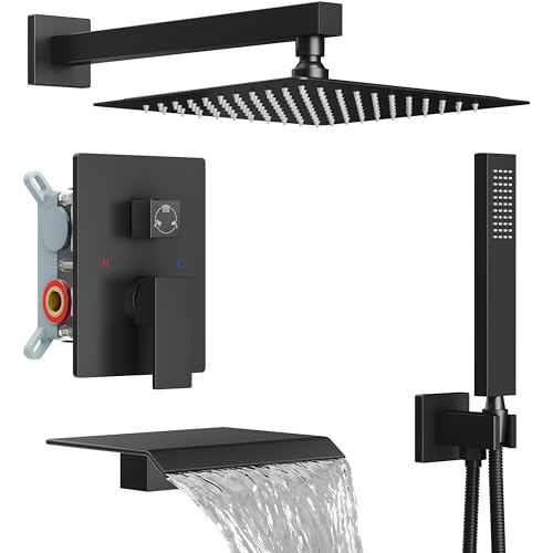 Midanya Shower System with Tub Spout,Bathtub Shower Faucet Set with Square Rainfall Head and Handheld Sprayer Wall Mount Tub Faucet Set with Valve and Trim Kit,10 Inch Matte Black - color: Matte Black, size: 10 Inch