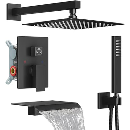 Midanya Shower System with Tub Spout,Bathtub Shower Faucet Set with Square Rainfall Head and Handheld Sprayer Wall Mount Tub Faucet Set with Valve and Trim Kit,10 Inch Matte Black - color: Matte Black, size: 10 Inch
