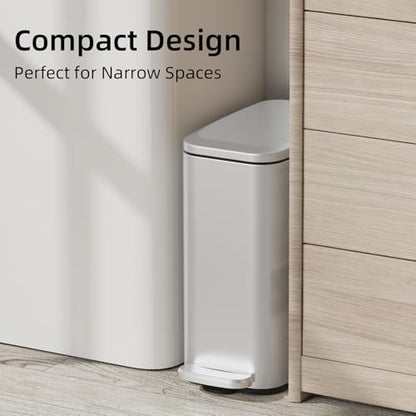 KUK Slim Bathroom Trash Can with Lid, 1.6 Gal / 6L Stainless Steel Small Garbage Bin with Detachable Inner Bucket, Step Pedal, Silent Close, Wastebasket for Toilet, Bedroom, Home, Office (Silver) - color: Silver