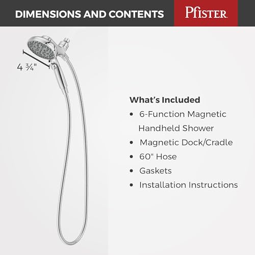 Pfister HydroFuse Handheld Shower Head with Magnetic Docking 6-Function High Pressure 2.5 GPM Polished Chrome Finish Hose Included for Bathroom Shower 016HFM01CC - color: Polished Chrome, size: 2.5 GPM