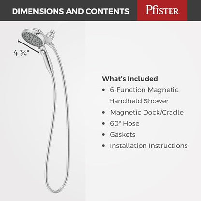 Pfister HydroFuse Handheld Shower Head with Magnetic Docking 6-Function High Pressure 2.5 GPM Polished Chrome Finish Hose Included for Bathroom Shower 016HFM01CC - color: Polished Chrome, size: 2.5 GPM