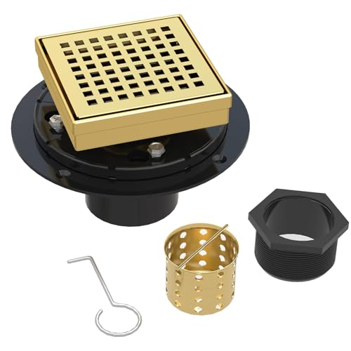 4 Inch Brushed Gold Square Shower Drain with Removable Grate | AISI 304 Stainless Steel Shower Drain, Shower Floor Drain with Hair Catcher & ABS Flange, Fits Bathroom & Balcony etc - color: Brushed Gold, size: 4 in