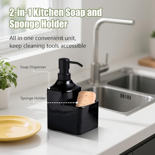 Gets Soap Dispenser Black Ceramic Pump Bottle with Storage Holder | Countertop Liquid Hand Wash Bottle with Organizer Tray for Bathroom, Kitchen, Refillable Modern Dispenser for Vanity Sink - size: Black With Sponge Holder