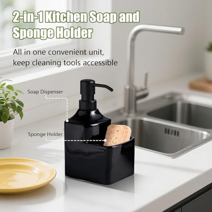 Gets Soap Dispenser Black Ceramic Pump Bottle with Storage Holder | Countertop Liquid Hand Wash Bottle with Organizer Tray for Bathroom, Kitchen, Refillable Modern Dispenser for Vanity Sink - size: Black With Sponge Holder