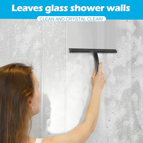 Shower Squeegee for Glass Doors, Mirror Window Tile Scrubber Cleaner with Hook Silicone (Black) - color: Black