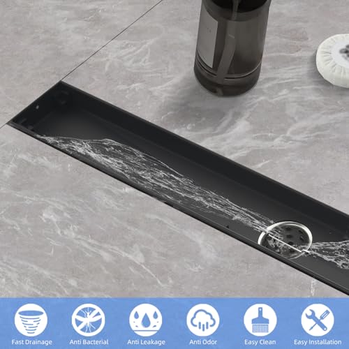 Linear Shower Drain ，with Tile Insert Panels ，18 Inch Black 304 Stainless Steel Rectangle Shower Floor Drain，with Hair Catcher, Adjustable Feet，Fits Bathroom, Balcony - color: Matte Black, size: 18inch