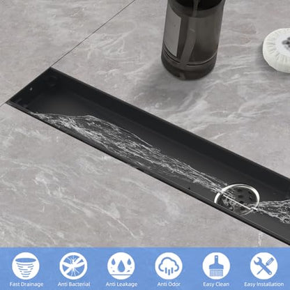 Linear Shower Drain ，with Tile Insert Panels ，18 Inch Black 304 Stainless Steel Rectangle Shower Floor Drain，with Hair Catcher, Adjustable Feet，Fits Bathroom, Balcony - color: Matte Black, size: 18inch