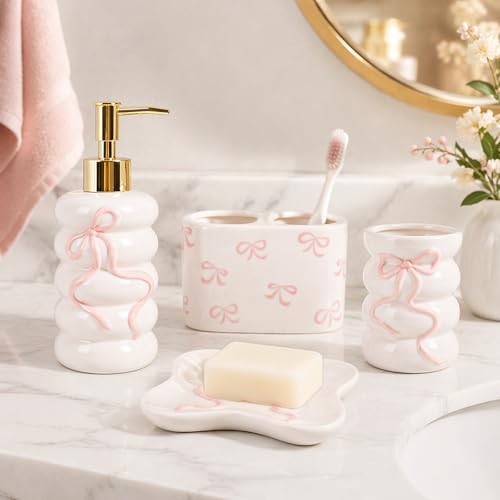 JarThenaAMCS 4Pcs Pink 3D Bow Bathroom Accessories Coquette Ceramic Liquid Dispenser Toothbrush Holder Tumbler Soap Dish for Valentine's Day Home Vanity Decor