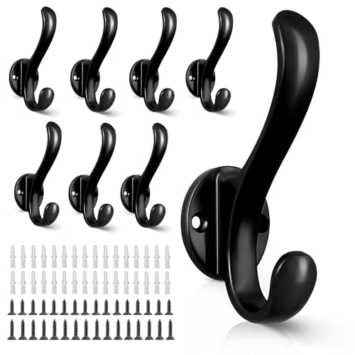 8 Pack Coat Hooks Wall Mount Heavy Duty Utility Retro Double Hooks for Hanging Coats,Hat, Towel, Key, Robe, Scarf, Bag, Cap (Black) - color: 8 Pack-Black
