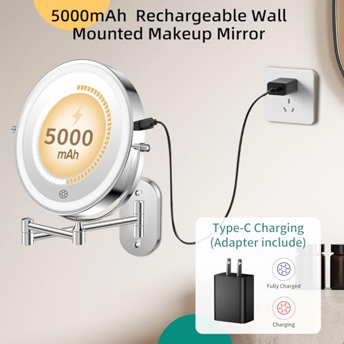 FUNTOUCH 5000mAh Rechargeable Wall Mounted Makeup Mirror with Light Charger | Double Sided 1X/30X Magnification,3 Color Lights,Touch Dimmable,Extended Arm 360 Rotation Lighted Bathroom Mirror - color: Polished Chrome