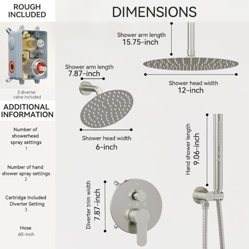 Shower Systems Shower Faucet Sets STARBATH 3 Way 12+6" Round Dual Rainfall Shower Head with Handheld Spray, Ceiling Mounted Rain Shower Valve with 5 Diverter and Trim Kit Complete, Brushed Nickel - color: Brushed Nickel, size: 6+12 inch-04