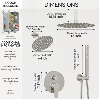 Shower Systems Shower Faucet Sets STARBATH 3 Way 12+6" Round Dual Rainfall Shower Head with Handheld Spray, Ceiling Mounted Rain Shower Valve with 5 Diverter and Trim Kit Complete, Brushed Nickel - color: Brushed Nickel, size: 6+12 inch-04