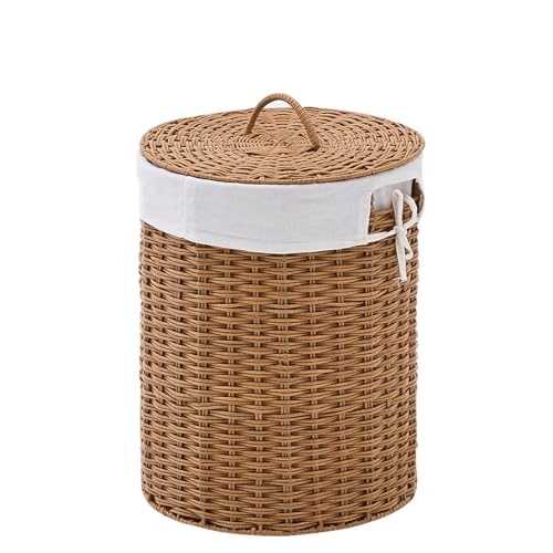 Round Wicker Laundry Hamper with Lid Handwoven Rattan Basket with Handles for Dirty Clothes, 2 Washable Liner Bags, No Assembly Required, Washable Basket, 40L - color: Rattan, size: 40L