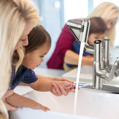 Rotatable Bath Faucet with Temp Display in Fahrenheit, Single Hole Brushed Nickel and 3 Outlet Modes Faucet, Battery-Free - color: Brushed Nickel-F