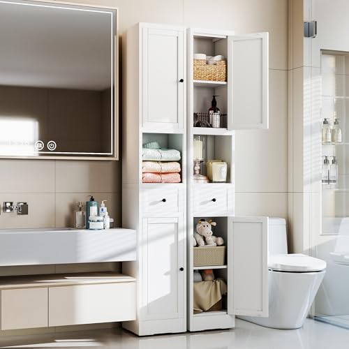 71 Inch Tall Narrow Bathroom Storage Cabinet, Slim Metal Freestanding Floor Cabinet with Doors, Adjustable Shelves, Drawer & Open Shelf, Bathroom Organizer for Small Spaces, White