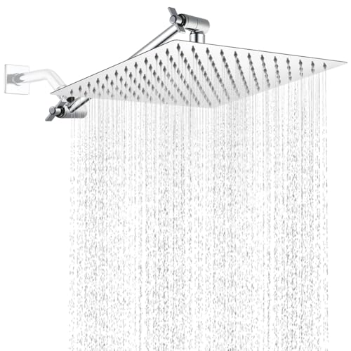 12 Inch Shower Head with Adjustable Extension Arm, Stainless Steel Rainfall Showerhead with Shower Arm Extender, Waterfall fixed Showerheads, Chrome
