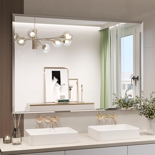 Frameless Bathroom Mirror, 55"x36" Beveled Bathroom Mirror | Wall Mount Mirrors for Vanity Bedroom Entryway Living Room Hangs Horizontally or Vertically - size: 36"L x 55"W