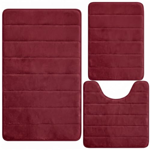 Bathroom Rugs Set 3 Piece, Memory Foam Bath Rugs, Non Slip Washable Bathroom Rug Set, Extra Soft Absorbent Bath Mats with U-Shaped Toilet Rug, Burgundy - color: Burgundy