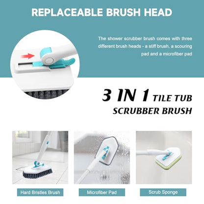 nacena Shower Scrubber with Long Handle, 3 in 1 Tile Tub Scrubber Brush with 3 Detachable Cleaning Heads Adjustable Handle Shower Cleaner Brush for Bathroom, Kitchen, Toilet, Wall, Sink, Blue White - color: Blue White, size: 2 pads