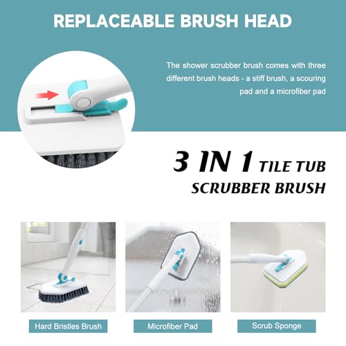 nacena Shower Scrubber with Long Handle, 3 in 1 Tile Tub Scrubber Brush with 3 Detachable Cleaning Heads Adjustable Handle Shower Cleaner Brush for Bathroom, Kitchen, Toilet, Wall, Sink, Blue White - color: Blue White, size: 2 pads