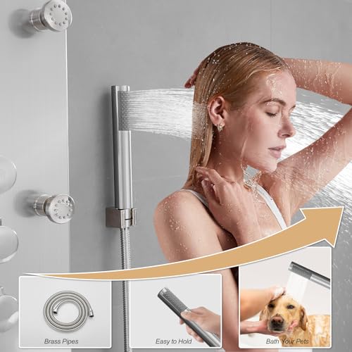 Brushed Nickel Shower Panel System Stainless Steel Rainfall Shower Tower | 4-Functions with 8 Adjustable Water Massage Nozzles Handheld Showerhead Wall Mounted Shower Panels by BATHLAVISH - color: Nickel