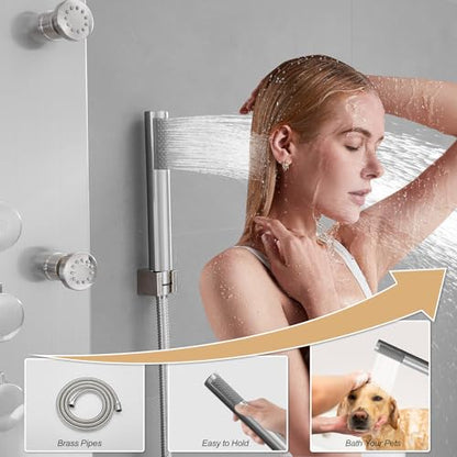 Brushed Nickel Shower Panel System Stainless Steel Rainfall Shower Tower | 4-Functions with 8 Adjustable Water Massage Nozzles Handheld Showerhead Wall Mounted Shower Panels by BATHLAVISH - color: Nickel