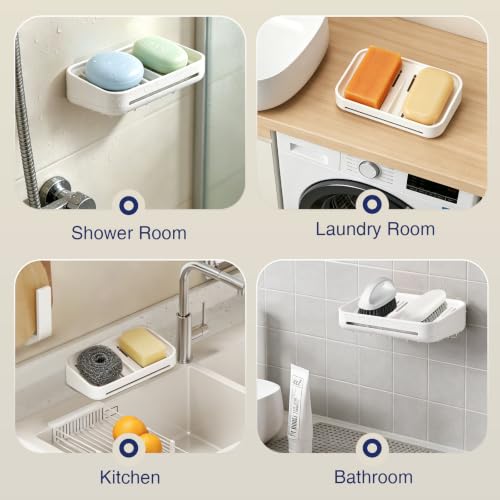 Self-Draining Soap Dish, 2-Compartment Bar Soap Holder | Soap Saver with Magnetic Detachable Tray, Shampoo and Conditioner Bar Holder, ABS Plastic Soap Holder for Shower, White