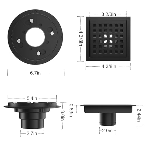 EXF Square Shower Drain 4-3/8 Inch Matte Black with ABS Flange | Stainless Steel, Anti-Clog, Removable Grid Grate and Hair Catcher, for Modern Bathroom Remodel Curbless Shower - color: Matte Black, size: 4IN