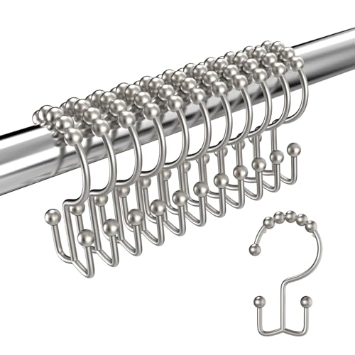 Matte Nickel Shower Curtain Hooks Double Sided with Roller Balls | for Bathroom Rods, for Shower Curtain and Liner, Smooth Gliding, Rustproof Metal, Set of 12 Hooks - color: Matte Nickel