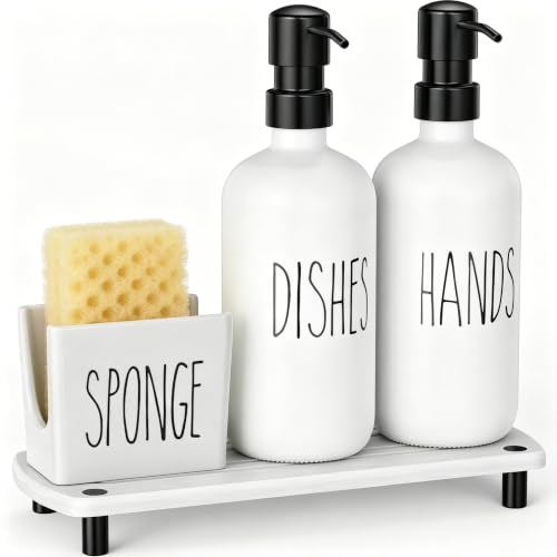 Cisily Kitchen Soap Dispenser Set Comes with Ceramics Sponge Holder, Gold Pumps, and Instant Dry Tray, Hand and Dish Soap Dispenser Set (4, Black + White + Sponge Holder) - color: Black + White + Sponge Holder