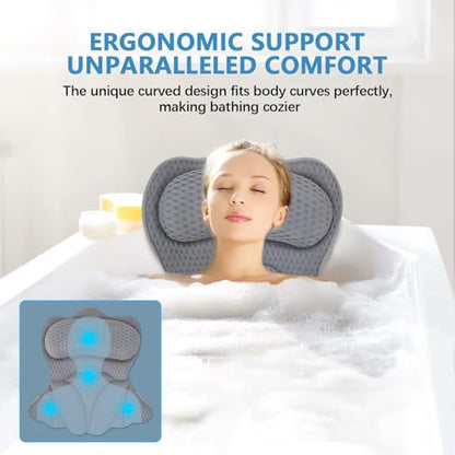 REEZEIVI Bath Pillows for Tub,Thick Neck Back Support Bathtub Cushion,Gray | 4D breathable body-fitting mesh, 6 strong anti-slip suction cups, machine washable & quick drying, durable for all bathtubs - color: Grey