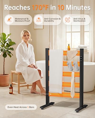 Towel Warmers for Bathroom, Space Aluminum Heated Towel Racks for Bathroom, with Built-in Timer&Temperature Adjustment, Freestanding Towel Heater，Black