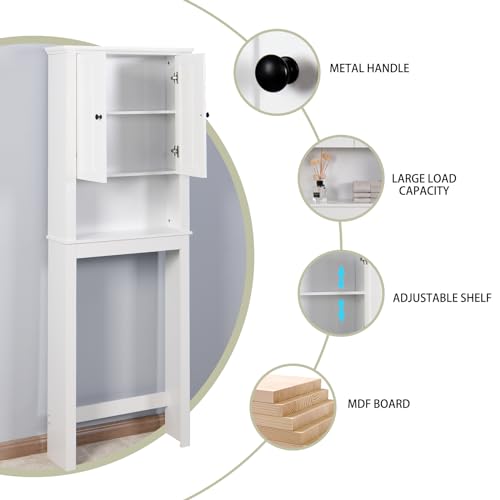 Over The Toilet Storage Cabinet, Bathroom Storage Cabinet Organizer with Double Doors and Adjustable Shelf, 23.62x7.72x67.32 inch,Bathroom Space Saver,White