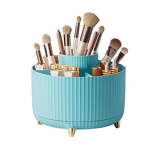 DASITON Large Capacity Makeup Brush Holder,360° Rotating Makeup Organizer,5 Slot Makeup Brushes Cup,for Vanity Decor,Bathroom Countertops,Desk Storage Container,Cosmetic Display cases(Blue) - color: Blue