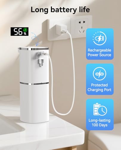 Luxspire 420ml Automatic Foaming Soap Dispenser for Bathroom, White | Touchless foam soap dispenser, IPX5 waterproof, 9 foam levels, LED power display fits hand soap dish wash body wash - color: White