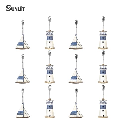 Sunlit Nautical Double Shower Curtain Hooks, Home Decorative Coastal Shower Curtain Rings for Bathroom, Resin, Ocean Shower Curtain Hanger Hooks for Living Room, Set of 12, Blue Lighthouse Sailboat - size: Sailboat & Lighthouse With Double Hooks