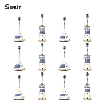Sunlit Nautical Double Shower Curtain Hooks, Home Decorative Coastal Shower Curtain Rings for Bathroom, Resin, Ocean Shower Curtain Hanger Hooks for Living Room, Set of 12, Blue Lighthouse Sailboat - size: Sailboat & Lighthouse With Double Hooks