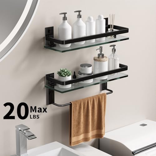 Bathroom Shelves Wall Mounted, Clear Tempered Glass Shelf with Towel Bar, Hand Towel Holder(Matte Black) - color: Black, size: Combo Set