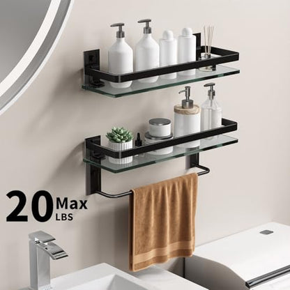 Bathroom Shelves Wall Mounted, Clear Tempered Glass Shelf with Towel Bar, Hand Towel Holder(Matte Black) - color: Black, size: Combo Set