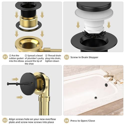 Tip-Toe Bathtub Drain Kit with Hair Catcher, Matte Black | 2-Hole Overflow Faceplate, Solid Brass, 5-Layer Plated, Fits 1.5"/1.75" Drains, For Bathroom Remodel, Matches Fixtures - color: Matte Black