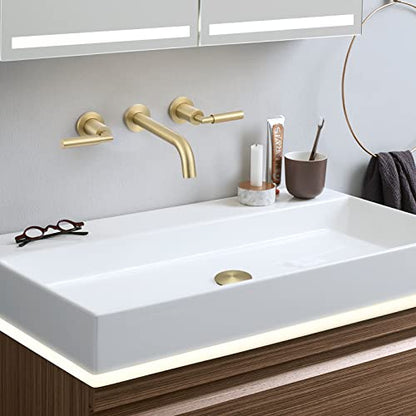 RBROHANT Gold Wall Mount Faucet with Pop up Drain Set for Sink Without Overflow, Brushed Gold Dual Handle Wall Mounted Bathroom Sink Faucet, Brass Rough-in Valve Included, RB0736D - color: Brushed Gold, style: Lever Handle Faucet with Drain