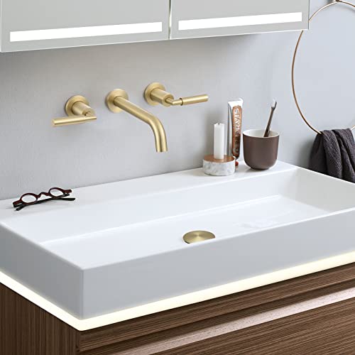 RBROHANT Gold Wall Mount Faucet with Pop up Drain Set for Sink Without Overflow, Brushed Gold Dual Handle Wall Mounted Bathroom Sink Faucet, Brass Rough-in Valve Included, RB0736D - color: Brushed Gold, style: Lever Handle Faucet with Drain