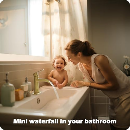 Brushed Gold Waterfall Bathroom Faucet Single Handle, 4 Inch 1 or 3 Hole Brass Bathroom Sink Faucets with Pop-Up Drain & Deck Plate for Vanity, Restroom, RV, Modern, 5 Mins Quick Install - color: Brushed Gold - Elegant