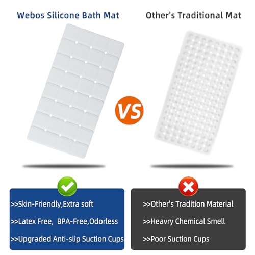 Webos Silicone Bath Mat with Suction Cups – Non-Slip Foldable Bathtub & Shower Mat, Durable & Quick-Dry Safety Tub Mat with Large Drain Holes for Families 28"x 14" White - color: White, size: 28" x 14" (Rectangular)