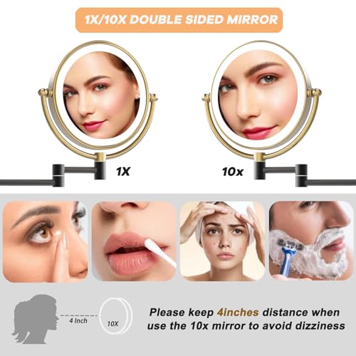 Lighted Magnifying Makeup Mirror Wall Mounted, 1/11X, Brushed Moderne Brass | 3 Color LED Lighting, Touch Dimming, Memory Function, Double Sided 8" Bathroom Vanity, Extension Arm 361 Rotation, Hardwired - color: Matte Black With Brushed Moderne Brass