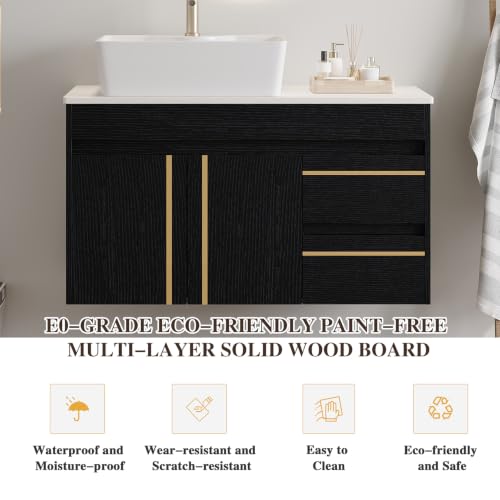 36” Floating Bathroom Vanity with Ceramic Sink, Wall-Mounted Plywood Cabinet with 2 Doors & 2 Drawers, White Left Side Vessel Sink, Soft-Close Storage Vanity, Side White - color: Side White