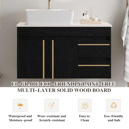 36” Floating Bathroom Vanity with Ceramic Sink, Wall-Mounted Plywood Cabinet with 2 Doors & 2 Drawers, White Left Side Vessel Sink, Soft-Close Storage Vanity, Side White - color: Side White