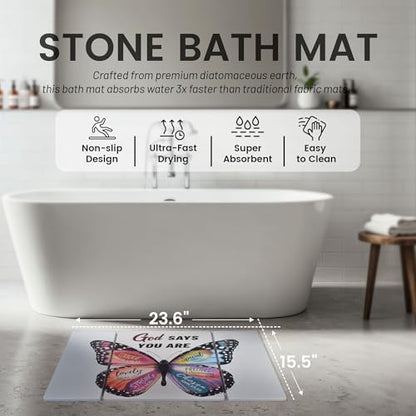 Butterfly Foldable Stone Bath Mat - Quick Dry Diatomaceous Earth Bath Mat with Non Slip Pad, Absorbent Stone Shower Mat for Bathroom, Butterfly Bathroom Decor, 23.6 x 15.5