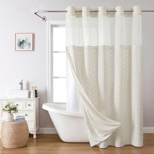 eachope No Hook Tufted Chevron Striped Shower Curtain with Snap-in Fabric Liner set-71Wx74H(72H),Cream Hotel Grade Boho Style Shower Curtain with See Through Top Window,Water Repellent - color: Cream, size: 71"W x 74"L (Pack of 1)